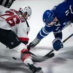 Utica's Ryan Schmelzer and Toronto's Logan Shaw battle during a face-off at the Adirondack Bank Center in Utica on Friday, May 5, 2023. Toronto defeated Utica 4-1, eliminating the Comets from the playoffs.