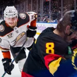 28 novembre 2023 ; Vancouver, Colombie-Britannique, Canada ; le défenseur des Ducks d\'Anaheim Tristan Luneau (67) met en échec l\'attaquant des Canucks de Vancouver Conor Garland (8) au cours de la deuxième période au Rogers Arena. Vancouver a remporté le match 3-1.