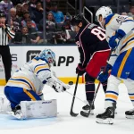 Oct 1, 2026; Columbus, Ohio, USA; Buffalo Sabres goaltender Ukko-Pekka Luukkonen (1) makes a save in net against Columbus Blue Jackets left wing Matthew Knies (89) in the first period at Nationwide Arena.