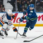 Oct 1, 2026; Vancouver, British Columbia, CAN; Edmonton Oilers defenseman Jake Walman (96) watches as Vancouver Canucks forward Paul Cotter (47) scores on this shot in the second period at Rogers Arena.