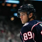 Oct 1, 2026; Columbus, Ohio, USA; Columbus Blue Jackets left wing Matthew Knies (89) awaits the face-off against the Buffalo Sabres in the third period at Nationwide Arena.