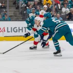 Jacob Trouba went straight at Brady Tkachuk after he dangerously flattened Macklin Celebrini Oct 1, 2026; San Jose, California, USA; Florida Panthers left wing Brady Tkachuk (8) reaches for the puck during the third period against the San Jose Sharks at SAP Center at San Jose. Mandatory Credit: Bob Kupbens-Imagn Images