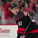 Apr 30, 2024; Raleigh, North Carolina, USA; Carolina Hurricanes center Evgeny Kuznetsov (92) scores a penalty shot goal against New York Islanders during the first period in game five of the first round of the 2024 Stanley Cup Playoffs at PNC Arena.