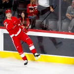 Mar 4, 2026; Detroit, Michigan, USA; Detroit Red Wings defenseman Simon Edvinsson (77) celebrates after scoring in the first period against the Vegas Golden Knights at Little Caesars Arena.