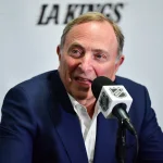 Feb 22, 2025; Los Angeles, California, USA; NHL commissioner Gary Bettman speaks during media availabilities before the Los Angeles Kings play against the Utah Hockey Club at Crypto.com Arena.
