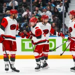 Yet another Carolina Hurricanes player reportedly requests a trade Mar 4, 2026; Vancouver, British Columbia, CAN; Carolina Hurricanes defenseman K\'Andre Miller (19) and defenseman Sean Walker (26) and forward Nikolaj Ehlers (27) and forward Jesperi Kotkaniemi (82) and forward Jordan Martinook (48) celebrate Ehler\'s second goal of the game against the Vancouver Canucks in the second period at Rogers Arena. Mandatory Credit: Bob Frid-Imagn Images