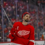 Dec 7, 2023; Detroit, Michigan, USA; Detroit Red Wings center Dylan Larkin (71) looks on during the first period at Little Caesars Arena.