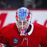 Apr 5, 2026; Montreal, Quebec, CAN; Montreal Canadiens goalie Jacob Fowler (32) looks on against the New Jersey Devils during the second period at Bell Centre.