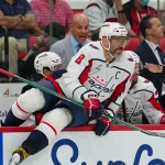 Oct 2, 2026; Raleigh, North Carolina, USA; Washington Capitals left wing Alex Ovechkin (8) comes over the boards against the Carolina Hurricanes during the second period at Lenovo Center.