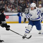 Apr 4, 2026; Los Angeles, California, USA; Toronto Maple Leafs left wing Matthew Knies (23) scores a goal against the Los Angeles Kings during the first period at Crypto.com Arena.