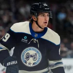 Oct 3, 2026; Columbus, Ohio, USA; Columbus Blue Jackets left wing Matthew Knies (89) skates against the Utah Mammoth in the third period at Nationwide Arena.