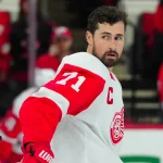 Jan 19, 2024; Raleigh, North Carolina, USA; Detroit Red Wings center Dylan Larkin (71) looks on during the warmups before the game against the Carolina Hurricanes at PNC Arena.