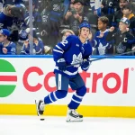Oct 3, 2026; Toronto, Ontario, CAN; Toronto Maple Leafs left wing Gavin McKenna (92) skates during the warm up before a game against the Ottawa Senators at Scotiabank Arena.