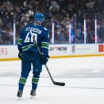 Oct 1, 2026; Vancouver, British Columbia, CAN; Vancouver Canucks forward Elias Pettersson (40) celebrates his goal against the Edmonton Oilers in the third period at Rogers Arena.