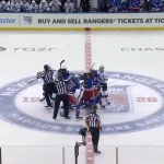 All hell breaks loose after Rangers goal as players clash at center ice