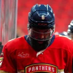 Sep 22, 2026; Raleigh, North Carolina, USA; Florida Panthers defensemen Radko Gudas (6) comes off the ice after the warmups before the game against the Carolina Hurricanes at Lenovo Center.