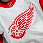 Dec 2, 2023; Montreal, Quebec, CAN; View of a Detroit Red Wings logo on a jersey worn by a member of the team during warm-up before the game against the Montreal Canadiens at Bell Centre. :