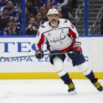 Oct 3, 2026; Tampa, Florida, USA; Washington Capitals left wing Alex Ovechkin (8) looks on against the Tampa Bay Lightning in the second period at Benchmark International Arena.