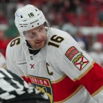 Sep 29, 2026; Raleigh, North Carolina, USA; Florida Panthers center Aleksander Barkov (16) waits for a face off during the second period against the Carolina Hurricanes at Lenovo Center.
