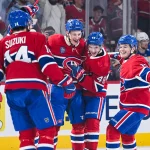 May 16, 2026; Montreal, Quebec, CAN; Montreal Canadiens right wing Ivan Demidov (93) celebrates with his teammates his goal against the Buffalo Sabres during the first period in game six of the second round of the 2026 Stanley Cup Playoffs at Bell Centre.