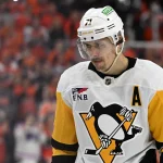 Apr 22, 2026; Philadelphia, Pennsylvania, USA; (Editors Notes: Caption Correction) Pittsburgh Penguins center Evgeni Malkin (71) skates off the ice after loss to the Philadelphia Flyers in game three of the first round of the 2026 Stanley Cup Playoffs at Xfinity Mobile Arena.