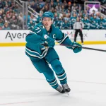 Oct 1, 2026; San Jose, California, USA; San Jose Sharks center Macklin Celebrini (71) skates during overtime against the Florida Panthers at SAP Center at San Jose.