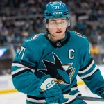 Oct 1, 2026; San Jose, California, USA; San Jose Sharks center Macklin Celebrini (71) skates during the second period against the Florida Panthers at SAP Center at San Jose. :
