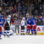 Oct 4, 2026; New York, New York, USA; New York Rangers center J.T. Miller (10) celebrates his goal with New York Rangers right wing Pavel Dorofeyev (16) against the Utah Mammoth during the third period at Madison Square Garden.