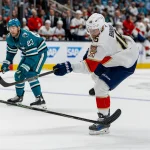 Oct 1, 2026; San Jose, California, USA; Florida Panthers center Aleksander Barkov (16) shoots during the first period against the San Jose Sharks at SAP Center at San Jose.