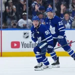 Oct 6, 2026; Toronto, Ontario, CAN; Toronto Maple Leafs left wing Gavin McKenna (92) celebrates scoring his first NHL career goal against the Nashville Predators during the second period at Scotiabank Arena.