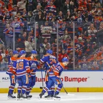 Jan 26, 2026; Edmonton, Alberta, CAN; The Edmonton Oilers celebrate a goal scored by defensemen Spencer Stastney (24) during the second period against the Anaheim Ducks at Rogers Place. Mandatory Credit: Perry Nelson-Imagn Images