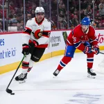 2 décembre 2025 ; Montréal, Québec, Canada ; l'ailier gauche des Sénateurs d'Ottawa David Perron (57) dispute la rondelle à l'ailier gauche des Canadiens de Montréal Alexandre Texier (85) durant la troisième période au Centre Bell.
