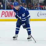 Oct 6, 2026; Toronto, Ontario, CAN; Toronto Maple Leafs left wing Gavin McKenna (92) waits for the faceoff against the Nashville Predators during the first period at Scotiabank Arena.