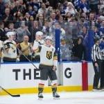 Jan 23, 2026; Toronto, Ontario, CAN; Vegas Golden Knights right wing Mitch Marner (93) acknowledges the crowd after a video board tribute during a TV timeout against the Toronto Maple Leafs in the first period at Scotiabank Arena.