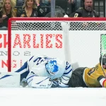 Oct 8, 2026; Las Vegas, Nevada, USA; Vegas Golden Knights center Jack Eichel (9) crashes into Toronto Maple Leafs goaltender Sergei Bobrovsky (72) in the second period at T-Mobile Arena.