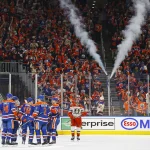 Apr 22, 2026; Edmonton, Alberta, CAN; The Edmonton Oilers celebrate a goal scored by forward Zach Hyman (18) against the Anaheim Ducks during the second period in game two of the first round of the 2026 Stanley Cup Playoffs at Rogers Place.