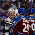 Apr 21, 2026; Denver, Colorado, USA; Los Angeles Kings defenseman Brandt Clarke (92) reacts towards Colorado Avalanche right wing Logan O\'Connor (25) after a play in the first period in game two of the first round of the 2026 Stanley Cup Playoffs at Ball Arena. Mandatory Credit: Isaiah J. Downing-Imagn Images