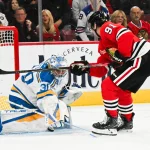 Blackhawks forward suspended two games after egregious hit to the head of Bo Horvat Oct 6, 2026; Chicago, Illinois, USA; St. Louis Blues goaltender Joel Hofer (30) defends against Chicago Blackhawks center Frank Nazar (91) during the first period at United Center