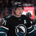 Mar 30, 2026; San Jose, California, USA; San Jose Sharks center Macklin Celebrini (71) waits for play to resume against the St. Louis Blues in the second period at SAP Center at San Jose.