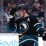Mar 30, 2026; San Jose, California, USA; San Jose Sharks center Macklin Celebrini (71) waits for play to resume against the St. Louis Blues in the first period at SAP Center at San Jose.