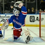 Oct 4, 2026; New York, New York, USA; New York Rangers goaltender Igor Shesterkin (31) makes a glove save against the Utah Mammoth during the first period at Madison Square Garden.