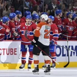 Sep 23, 2025; Montreal, Quebec, CAN; Montreal Canadiens defenseman Arber Xhekaj (72) celebrates with teammates after scoring an empty net goal against the Philadelphia Flyers during the third period at the Bell Centre.