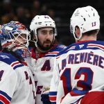 Nov 28, 2025; Boston, Massachusetts, USA; New York Rangers goaltender Igor Shesterkin (31) is congratulated by left wing Alexis Lafrenire (13) and center Mika Zibanejad (93) after their win over the Boston Bruins at TD Garden.