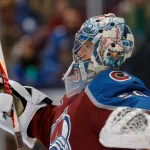 Jan 10, 2026; Denver, Colorado, USA; Colorado Avalanche goaltender Trent Miner (50) in the first period against the Columbus Blue Jackets at Ball Arena.