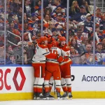 Apr 22, 2026; Edmonton, Alberta, CAN; The Anaheim Ducks celebrate a goal scored by forward Cutter Gauthier (61) during the third period against the Edmonton Oilers in game two of the first round of the 2026 Stanley Cup Playoffs at Rogers Place.