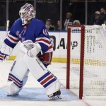 Sep 22, 2026; New York, New York, USA; New York Rangers goaltender Spencer Martin (41) tends the net in the third period against the New York Islanders at Madison Square Garden.