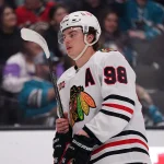 Apr 6, 2026; San Jose, California, USA; Chicago Blackhawks center Connor Bedard (98) waits for play to resume during a game against the San Jose Sharks in the second period at SAP Center at San Jose