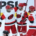 Jun 6, 2026; Las Vegas, Nevada, USA; Vegas Golden Knights center Jack Eichel (9) faces off against Carolina Hurricanes center Jordan Staal (11) during the second overtime in game three of the 2026 Stanley Cup Final at T-Mobile Arena.