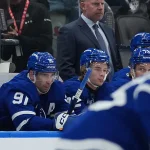 Oct 6, 2026; Toronto, Ontario, CAN; Toronto Maple Leafs left wing Gavin McKenna (92) gets his first point and sits beside center John Tavares (91) against the Nashville Predators during the second period at Scotiabank Arena.: