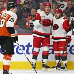 Hurricanes roast Flyers, Eagles and Phillies with one embarrassing post Oct 11, 2026; Philadelphia, Pennsylvania, USA; Carolina Hurricanes right wing Andrei Svechnikov (37) celebrates his goal with center Logan Stankoven (22) against the Philadelphia Flyers during the second period at Xfinity Mobile Arena. Mandatory Credit: Eric Hartline-Imagn Images